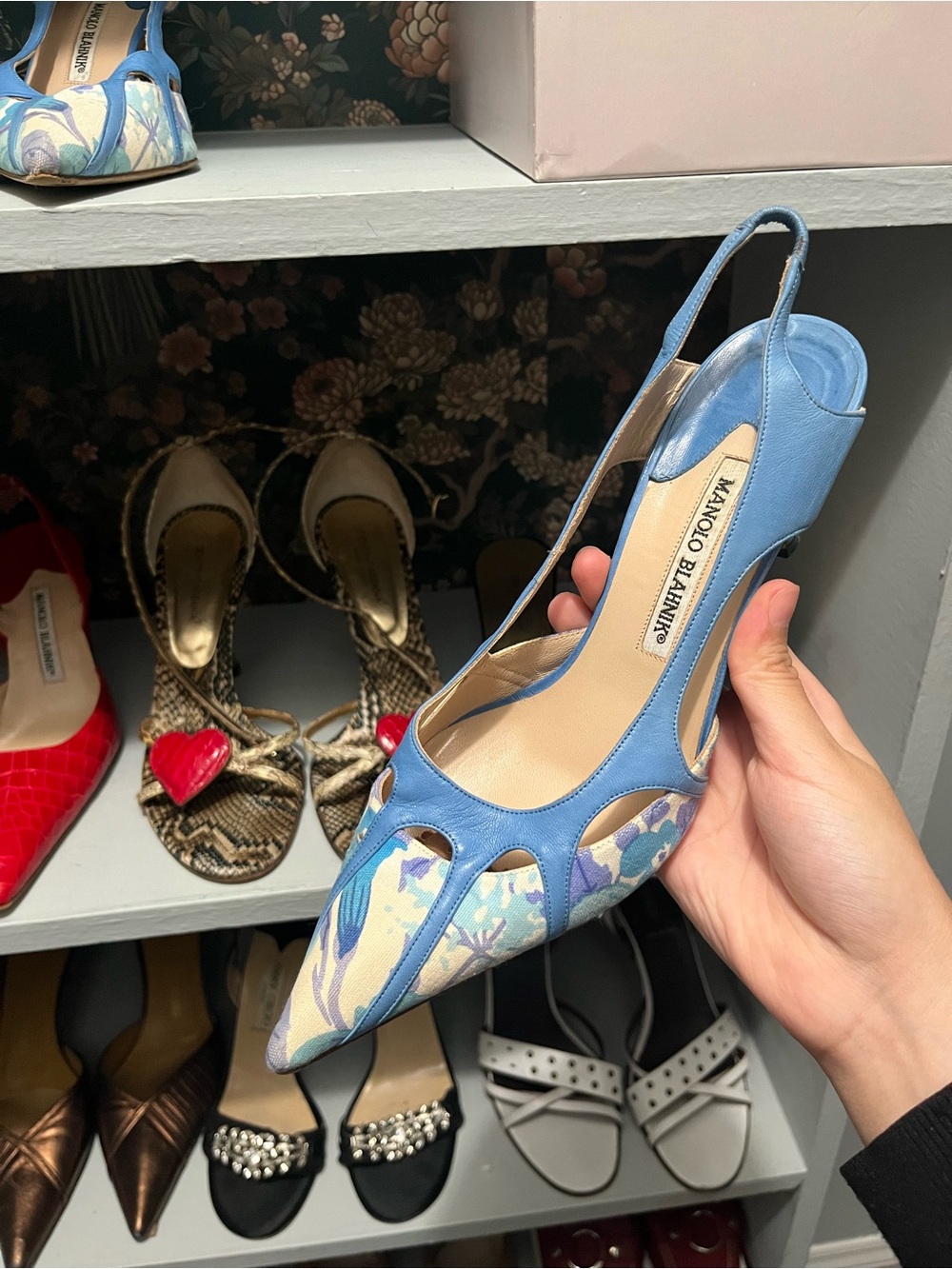 Manolo Blahnik Blue and Cream Cutout Slingback Pumps